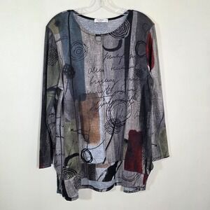 Jess & Jane Women Tunic Abstract Art Script Print Knit Long Sleeve Top Size L